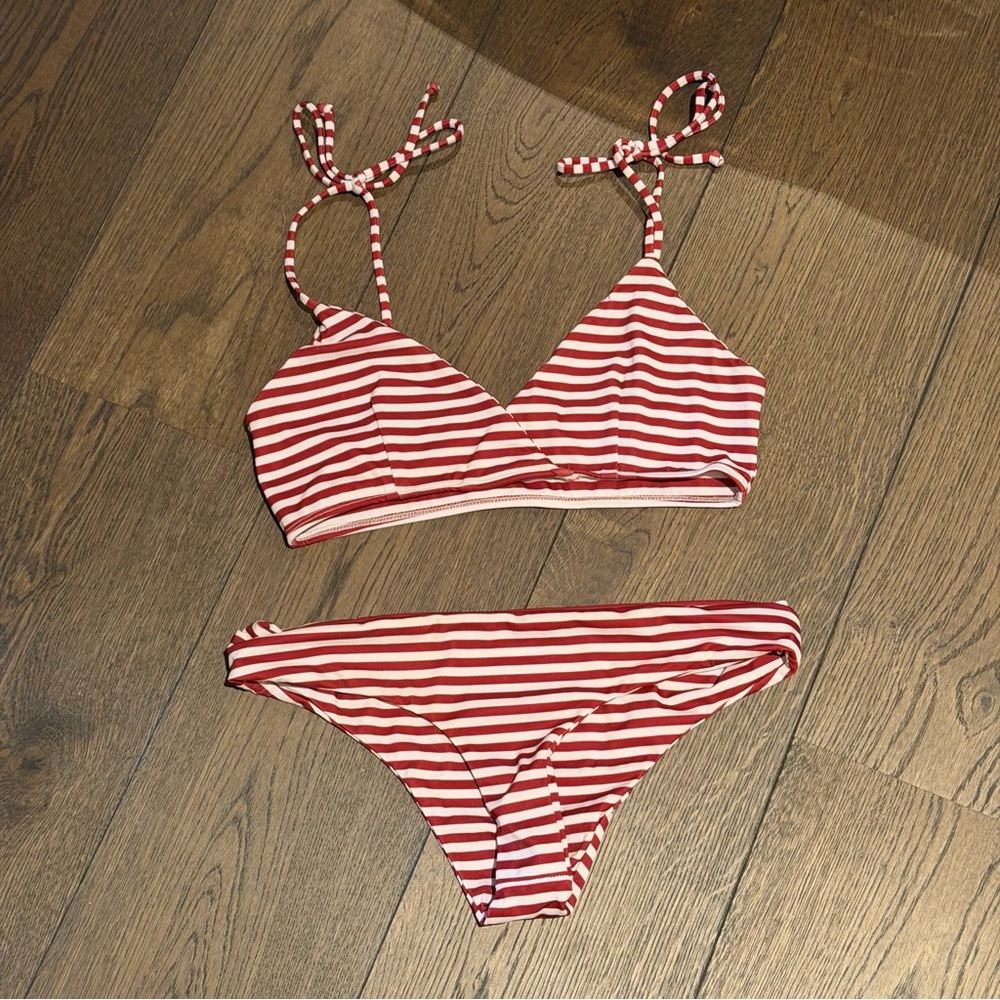 Faithfull the Brand Red and White Striped Bikini